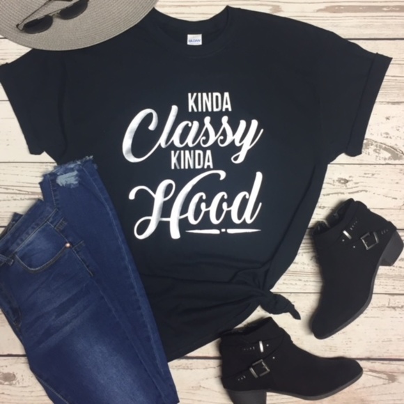 Gildan Tops -  Black & Silver "Kinda Classy Kinda Hood" Tee